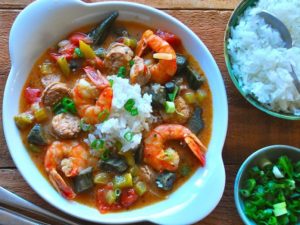 Pot of gumbo with white rice