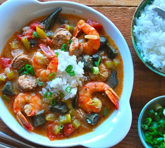 Pot of gumbo with white rice